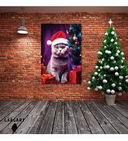 Tekli Dikey Kanvas Duvar Tablosu Yılbaşı Hediyesi Noel Baba Kostümlü British Shorthair