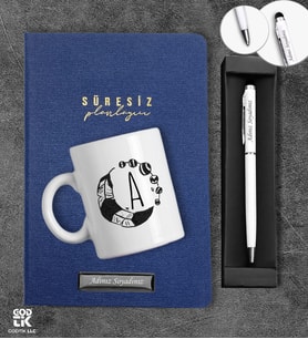 Kişiye Özel CoNotes Marka Lacivert Renk Tarihsiz Ajanda / Süresiz Planlayıcı & Harf Tasarımlı Premium Porselen(Pirinç/Porselen) Beyaz Kupa & Beyaz Renk Metal Touch Pen Roller Kalem Hediye Seti