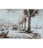 %100 El Yapımı Bodrum Sahil Manzaralı Suluboya Resim 37x26 cm Çerçevesiz