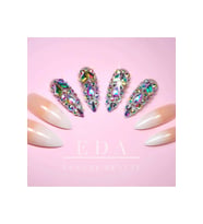 EDA LUXURY BEAUTY Pembe Beyaz French Takma Tırnak Lüks 3d Kristal Taşlı Desenli Extra Uzun Sivri Stiletto Nail Art Set E032