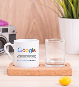 Kişiye Özel Google Tasarım Esprili Ahşap Sunumlu Kahve Fincanı