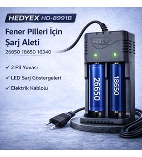 Hedyex HD-8991B Fener Pili Şarj Aleti 2li 26650 18650 16340 Piller İçin Şarj Cihazı