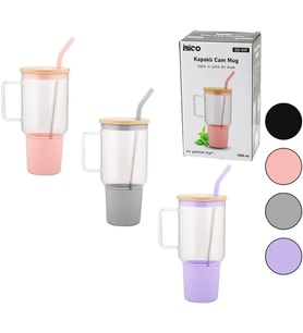 Cam 1000ML Matara - Suluk Bambu Kapak - Sızdırmaz Silikonlu Çelik Pipet Koruyucu Silikon Altlık - Kılıf (5224) (Çok Renkli)