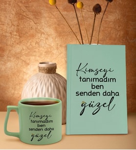 BK Gift Kimseyi Görmedim Ben Tasarımlı Su Yeşili Sert Kapaklı Defter ve Middle Kupa Seti-3, Arkadaşa Hediye, Yeni İş Hediyesi, Doğum Günü Hediyesi