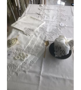 Sofra Takımı 155x220 cm Masa Seti Keten Dantelli Dekoratif Gülse Model Yemek Masası Örtüsü Krem