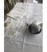 Sofra Takımı 155x220 cm Masa Seti Keten Dantelli Dekoratif Gülse Model Yemek Masası Örtüsü Krem