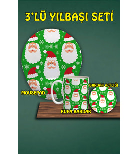 Yılbaşı Temalı 3'lü Mousepad Kupa ve Bardak Altlığı Seti