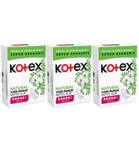 Kotex Ultra Natural Uzun Ped 16'lı x 3 Paket (Toplam 48 Ped) %100 Pamuk, Vegan ve Hipoalerjenik