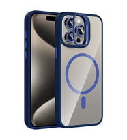 Apple iPhone 15 Pro Uyumlu Kılıf Standlı ve Kamera Lens Hediyeli M-Safe Şarj Özellikli Zore Etro Kapak (Lacivert)
