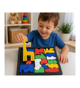 Alvera Hayvan Figürlü Ahşap Görünümlü Puzzle Oyunu – Eğitici Zeka ve Şekil Eşleştirme Oyuncağı