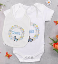 BK Kids Kişiye Özel İsimli Bebek Body Zıbın ve Mama Önlüğü Hediye Seti - Model 28