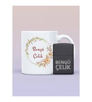 Çiçek Desenli İsimli Kupa Bardak ve Kişiye Özel İsimli Zippo (Siyah - Beyaz)