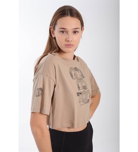 Maraton Comfort Kadın Bisiklet Yaka  Açık Vizon Crop Top