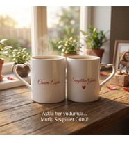 Kişiye Özel Kalp Kulplu Sevgili Kupa Seti - İkili Birbirini Tamamlayan Porselen Kupa