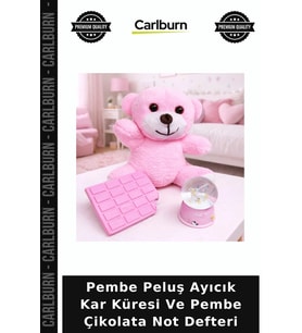 Pembe Peluş Ayıcık Kar Küresi Ve Pembe Çikolata Not Defteri Hediyelik Günlük Oyuncak Ayı