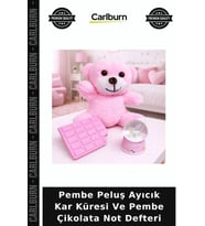 Pembe Peluş Ayıcık Kar Küresi Ve Pembe Çikolata Not Defteri Hediyelik Günlük Oyuncak Ayı
