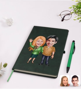 BK Gift Kişiye Özel Sevgililer Karikatürlü Yeşil Termo Deri Defter Kalem Seti Model 110