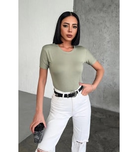 Rahat Ve Şık Kısa Kollu Bisiklet Yaka Likralı Viskon Penye Body Haki