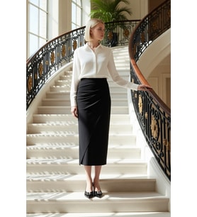 Kadın Moda Stil Maxi Astarsız Örme Büzgü Drape Detaylı Maxi Anvelop Esnek Etek (Siyah)