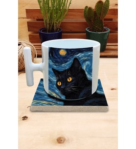 Kediler ve Sanat/Van Gogh Yıldızlı Gece The Starry Night Set 9 - T Kulplu Fincan Kupa-Taş Bardak Altlığı 6