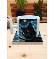 Kediler ve Sanat/Van Gogh Yıldızlı Gece The Starry Night Set 9 - T Kulplu Fincan Kupa-Taş Bardak Altlığı 6