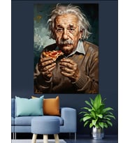 Pizza Yiyen Albert Einstein Portresi Dekoratif Kanvas - Mdf Ahşap Tablo
