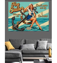 Plajda Retro Pin-Up Kız Dekoratif Kanvas - Mdf Ahşap Tablo
