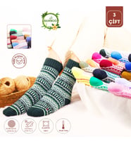 Özel Üretim (3 Çift)  %100 Yün Kışlık Çizgili - Motif Desenli Çorap (Çok Renkli)