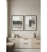 Minimalist Sentezleyici ve Geometrik Desenler 2’li Ahşap Çerçeveli Tablo Seti