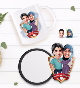 BK Gift Kişiye Özel Sevgililer Karikatürlü Beyaz Kupa ve Ahşap Bardak Altlığı Hediye Seti-61