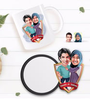 BK Gift Kişiye Özel Sevgililer Karikatürlü Beyaz Kupa ve Ahşap Bardak Altlığı Hediye Seti-61