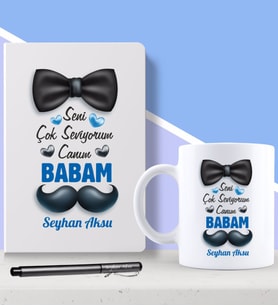 BK Gift Kişiye Özel Canım Babam Tasarımlı Beyaz Defter Kalem ve Kupa Seti-1 (Model 1)