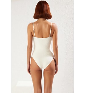 Desenli Straplez Mayo Ergonomik Kesim Swimsuit Deniz Kıyafeti Esnek Kumaş Su Sporu (Ekru)