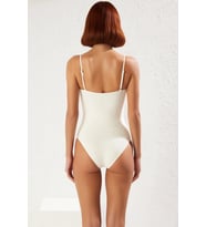 Desenli Straplez Mayo Ergonomik Kesim Swimsuit Deniz Kıyafeti Esnek Kumaş Su Sporu (Ekru)