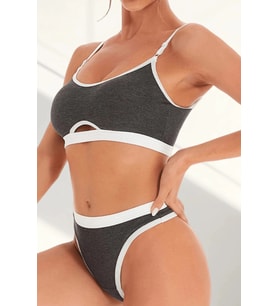 Kadın Gri Antrasit Kaşkorse ve Beyaz Lastikli Cut-Out Tanga Külotlu Takım
