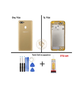 Oppo A5S Gold Uyumlu Lensli Orta Kasa + Yapıştırıcı ve Vida Seti Full Kasa Kapak Gövde Housing