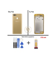 Oppo A5S Gold Uyumlu Lensli Orta Kasa + Yapıştırıcı ve Vida Seti Full Kasa Kapak Gövde Housing