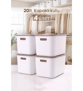 4 Adet Beyaz Dolap Düzenleyici 20 Lt Kapaklı Saklama Kutusu Sepet Oyuncak Kutusu Organizer