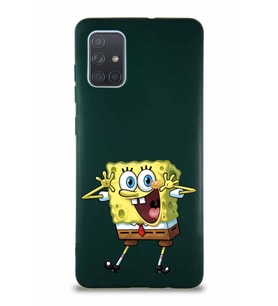 Samsung Galaxy A71 Soft Premier Kapak Sünger Bob Tasarımlı Silikon Kılıf - Yeşil (Şeffaf)
