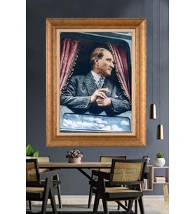 Altın Varaklı Çerçeveli Paspartulu Atatürk Tablo nh482 (Gold)