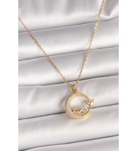 Tegan 316L Çelik Gold Renk Zincir Zirkon Taşlı Ay Yıldız Model Sonsuzluk Detay Kadın Kolye TG27BKO10000 (Çok Renkli)