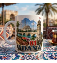 Adana Temalı Hediyelik Kupa Bardak - 01 Plaka Tarihi Simgeler ve Meşhur Kebap Baskılı Özel Tasarım Kupa