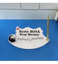 Sümen Ofis Doğal Beyaz Mermer İsimlik Haritalı Gold Tek Kalem ve Dini Figür