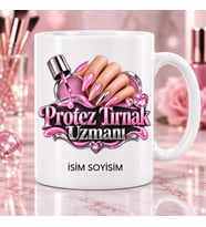 Protez Tırnak Uzmanı Kupa Bardak Pembe Tırnak ve Oje Desenli