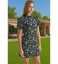Çiçekli A Kesim Mini Elbise Polyester Moss Krep Yazlık Günlük Konforlu Kesim Şık Görünüm (Siyah)