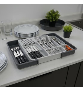 Çekmece İçi Sürgülü Çatal Kaşık ve Bıçaklık Organizeri - Genişleyebilir Modüler Mutfak Düzenleyici (Açık 55 cm, Kapalı 34 cm) - Açık Gri ve Antrasit Renk