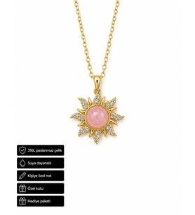 Güneş Figürlü Pembe Taşlı Çelik Kolye Hediye Kadın Altın Renk