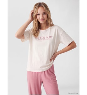 LCW DREAM Pembe Bisiklet Yaka Baskılı Kadın Pijama Takımı
