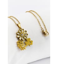 Paslanmaz Çelik Gold Renkli Parlak Taşlı Sedefli Çiçek Yoncalı Çelik Kolye , Hediyelik Kolye (60 cm)