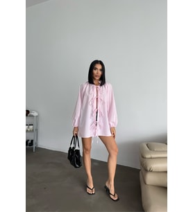 GÖMLEK POPLİN HAKİM YAKA ÖNDEN BAĞLAMA İP DETAYLI - Pembe (Pembe)
